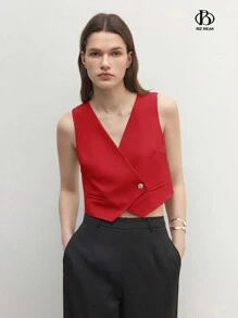 BizChic 2025年夏季新款V领斜襟单排扣金属纽扣无袖西装马甲，商务休闲日常工作时尚海滩度假，适合婚礼嘉宾、乡村音乐节、早午餐、机场造型，90年代复古斯德哥尔摩复古美国独立日