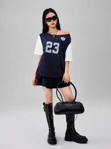 SHEIN تي شيرت أطفال صيفية بأكمام قصيرة،طباعة أرقام، كولاريه متناسق مع التباين اللوني - أزرق بحري - مشاهدة 5