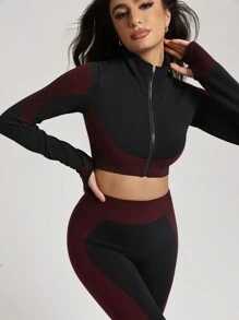 SHEIN Sports Bộ đồ thể thao liền mạch phối vải chắp vá Colorblock dành cho nữ, áo dài tay ngắn và quần dài - Màu Đỏ Sâu - Xem 6