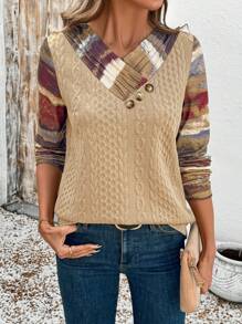 SHEIN LUNE Modieus casual T-shirt met lange mouwen voor dames, gekruiste halslijn, geplooid, knoopsluiting, V-hals, bedrukte contrasterende raglanmouw, gebreide stof met structuur, geschikt voor herfst/winter