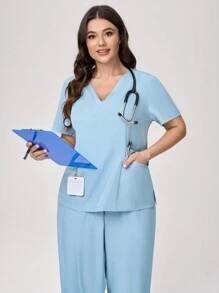 TaskEZ Plus Size Solid Color Short Sleeve Top & Pants Scrub Uniform Set - Green - View 2