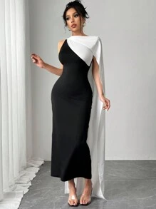 Firerie Women's Elegant Simple Exquisite Romantic Black & White Color Block Asymmetrical Neck Bodycon Dress, Suitable For Dates, Parties, Balls For Valentine's Day