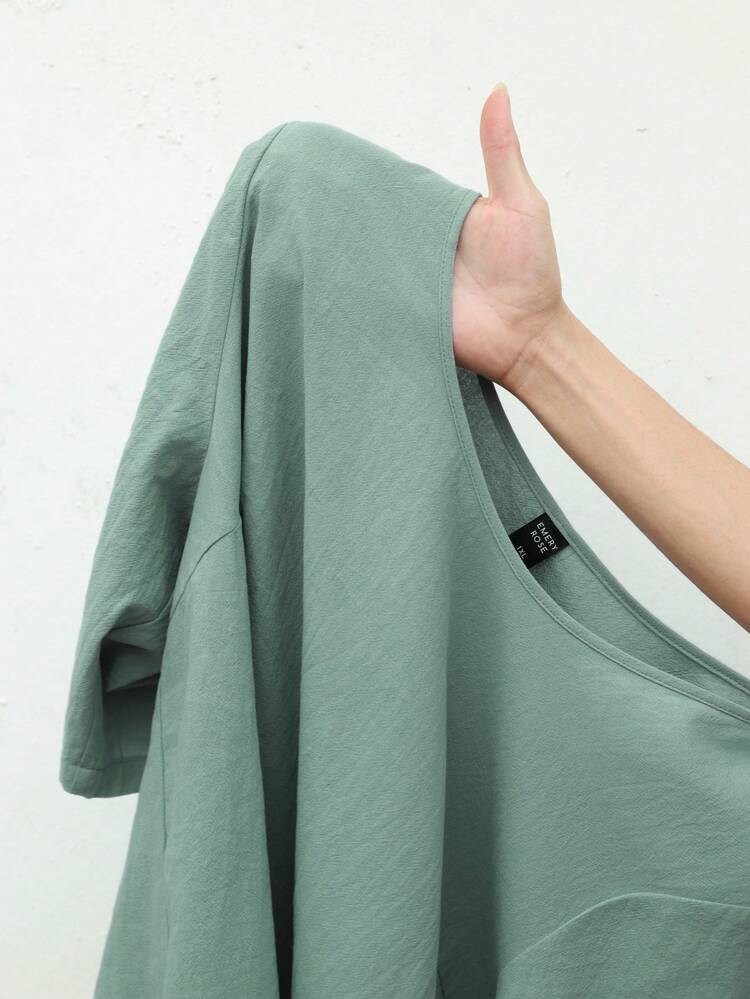 2pcs Plus Size Women Casual Solid Color Round Neck 3/4 Sleeve Shirt And Pants Set,Spring/Summer/Vacation