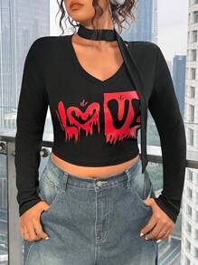 SHEIN EZwear تي شيرت كاجوال بطبعة شريط كبير الحجم، مناسب للربيع وعيد الحب - الأسود - مشاهدة 4