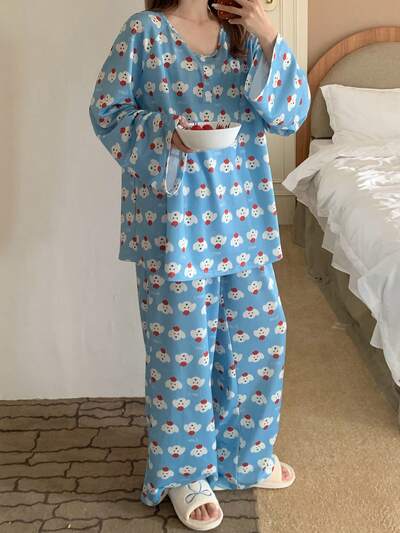 2 piezas Conjunto de pijama suelto cómodo y suave con estampado de dibujos animados para mujer