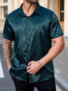 Manfinity Homme Plus Size Front Button Short Sleeve Shirt Collar Casual Blouse For Daily Wear - Green - View 3