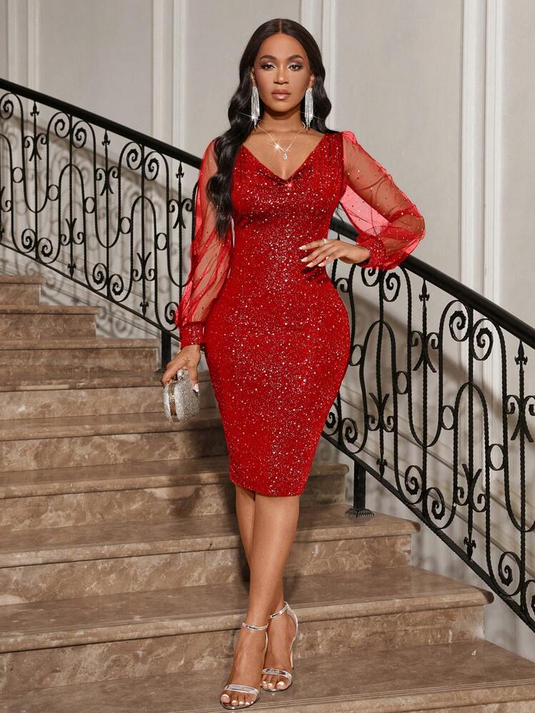 SHEIN Lady Elegant V-Neck Dress Long Sleeve Elegant Glitter Party Dress  Christmas Party | SHEIN USA