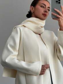 SHEIN Privé 大码优雅简约通勤短袖宽松蝙蝠袖大码女式夹克配可拆卸围巾，休闲复古校园风格，杏色，适合节日、新年派对 - 米色 - 查看 7
