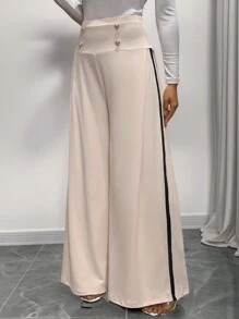 SHEIN Clasi Pantalon casual ample en couleur unie avec patchwork et boutons devant pour femme - Kaki - Voir 5