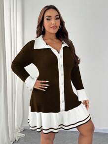 SHEIN Unity Plus Size Women Knitted Color Block Sweater Dress With Ruffle Trim & Button Decor, Elegant For Autumn/Winter Fall Cloth For Women - Coffee Brown - View 6