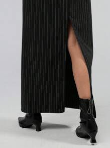 Ontre Women's 2025 New Black & White Striped Spring Dress, Fashionable Commuter & Business Attire With Oversized Shoulder Design - Black and White - View 4