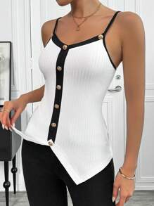 SHEIN Unity Áo yếm kim loại tương phản có gân đơn giản dành cho nữ - trắng - Xem 3
