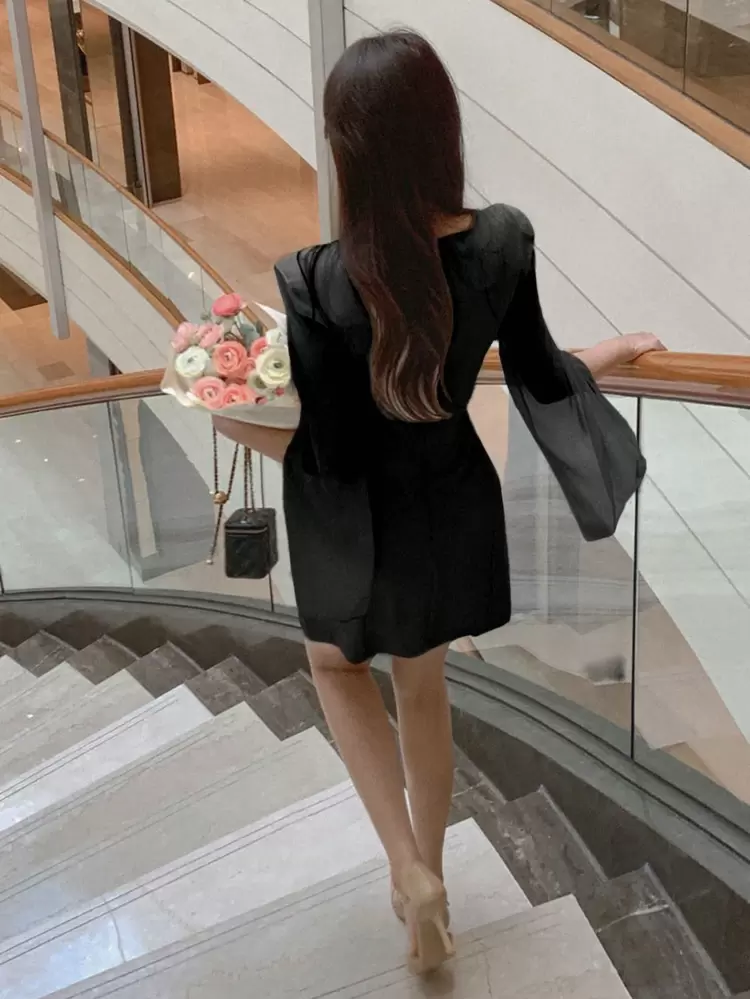 Women's Elegant Short Homecoming Dress, Black, Spring/Fall Sundress Long Sleeve Dress