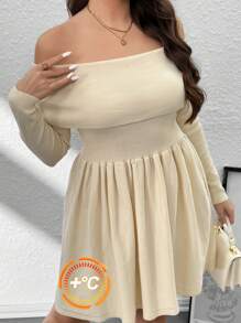 SHEIN Privé Plus Size Women Elegant Off Shoulder Long Sleeve A-Line Sweater Dress, Casual Stylish Autumn Ballet Style Flared Hem Short Dress Beige - Apricot - View 7