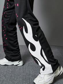 Manfinity EMRG Quần nỉ họa tiết ngọn lửa có dây rút ở eo dành cho nam, thời trang mặc hàng ngày - màu đen - Xem 4