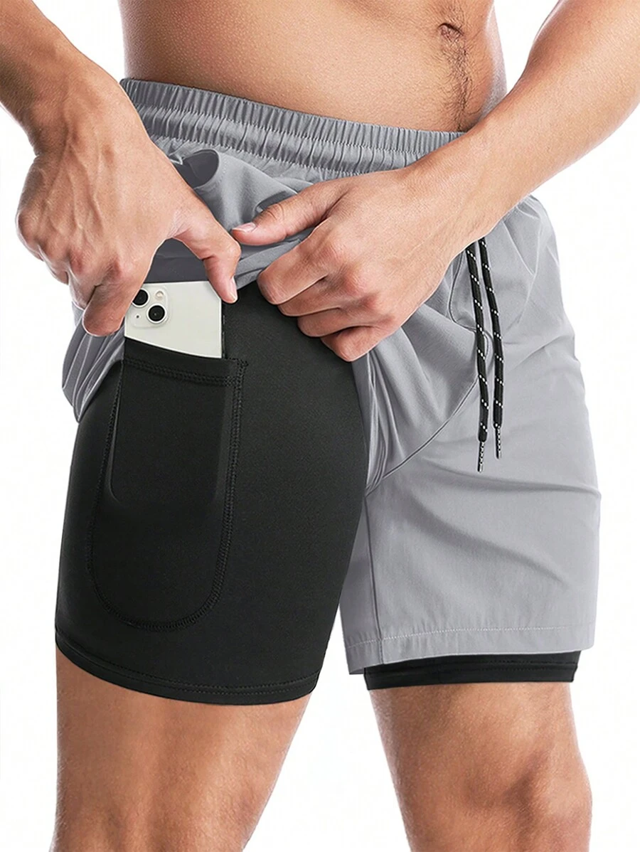 Manfinity Sport Corelite 男士休闲抽绳腰二合一运动短裤灰色短裤 - 淺灰色 - 查看 1