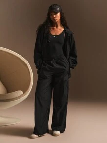 Athîral Pantalón de chándal informal suelto de pierna ancha con bolsillos y cordón en la cintura de color liso para mujeres