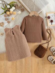 SHEIN Baby Girl Fluffy Dress And Soft Knitted Long Sleeve Top, Autumn/Winter - Multicolor - View 3