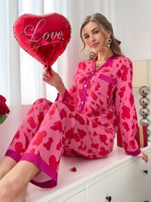 SHEIN 撞色滚边抽象图案休闲睡衣套装，女士秋冬服装 - 彩色 - 查看 6