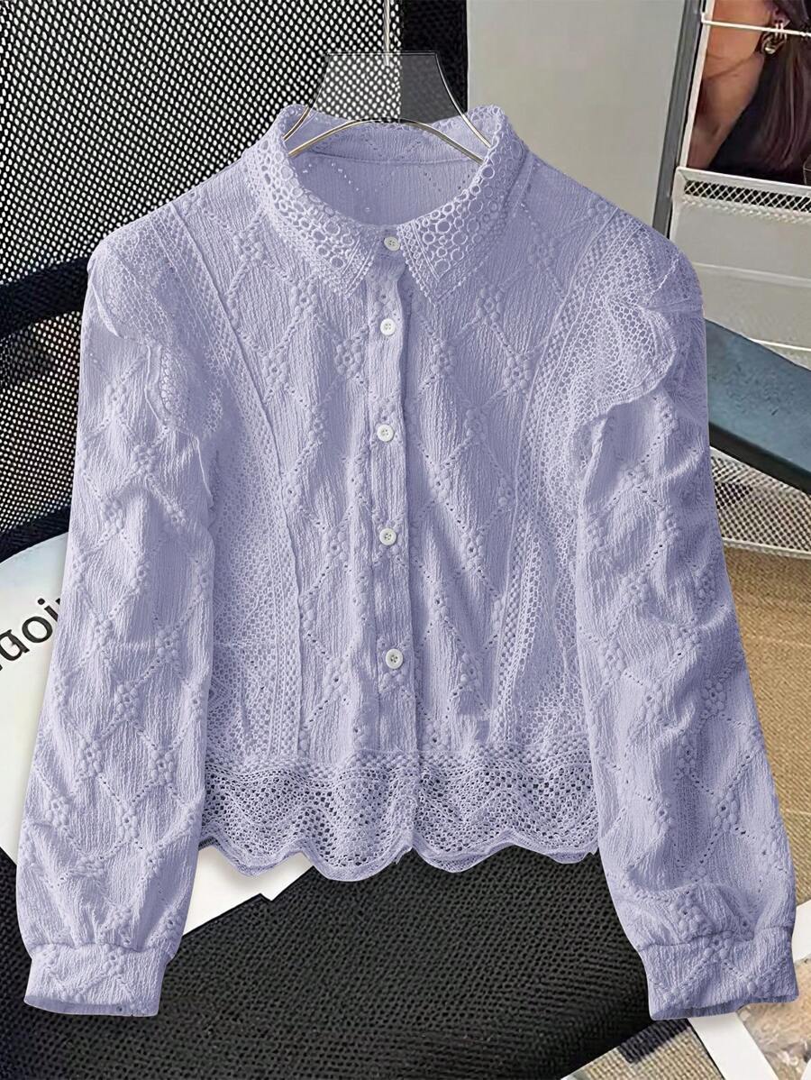 SHEIN Unity Women's Elegant Embroidery Long Sleeve Shirt, Suitable For Commuting, Autumn Season Fall Cloth For Women - Mauve Purple - View 1