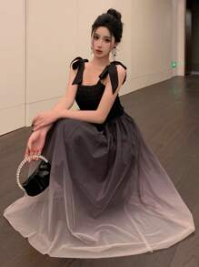 DAZY Square Neck Tie Up Color Gradient Midi Dress For Women Prom Dress Sundress Elegant Women Dresses - Black - View 6