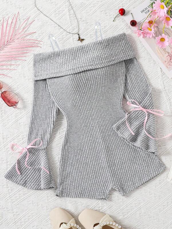 SHEIN Tween Girl Grey Bell Sleeve Bow Decor Fitted Jumpsuit