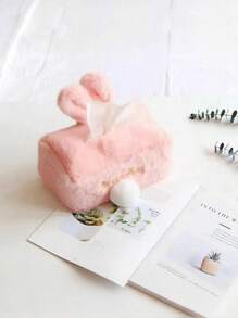 1pc Cute And Soft Pink Rabbit Plush Tissue Box Cover, Decorative Napkin Storage Container For Home, Car, R Work Desk Accessories Office Decor, Living Room, Cartoon Facial Tissue Holder With Ears(Available In Rectangular And Square Sizes) - Multicolor - View 7