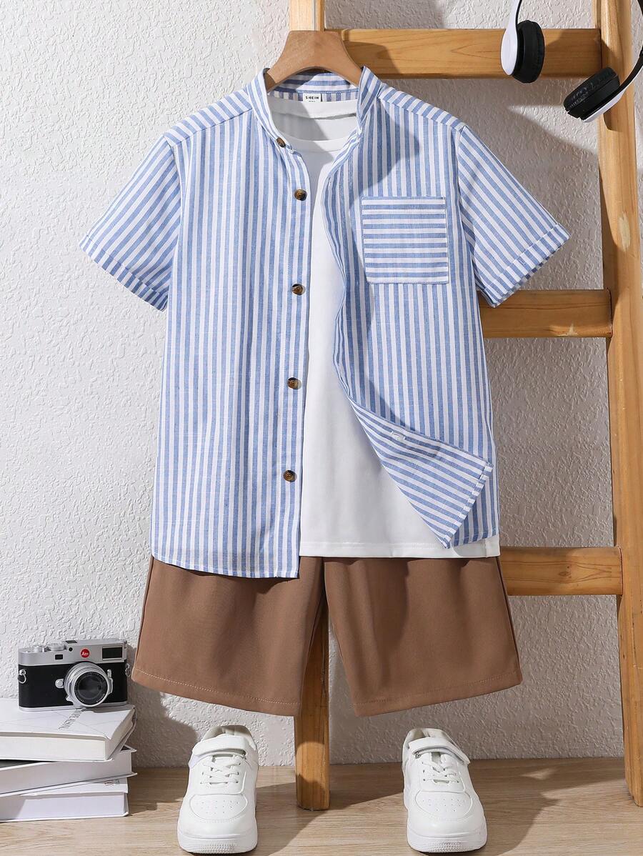 2 peças Conjunto de Camisa Social de Manga Curta com Gola Listrada e Shorts Lisos Tecidos para Meninos/Adolescentes, Versátil - Multicolorido - Visão 1