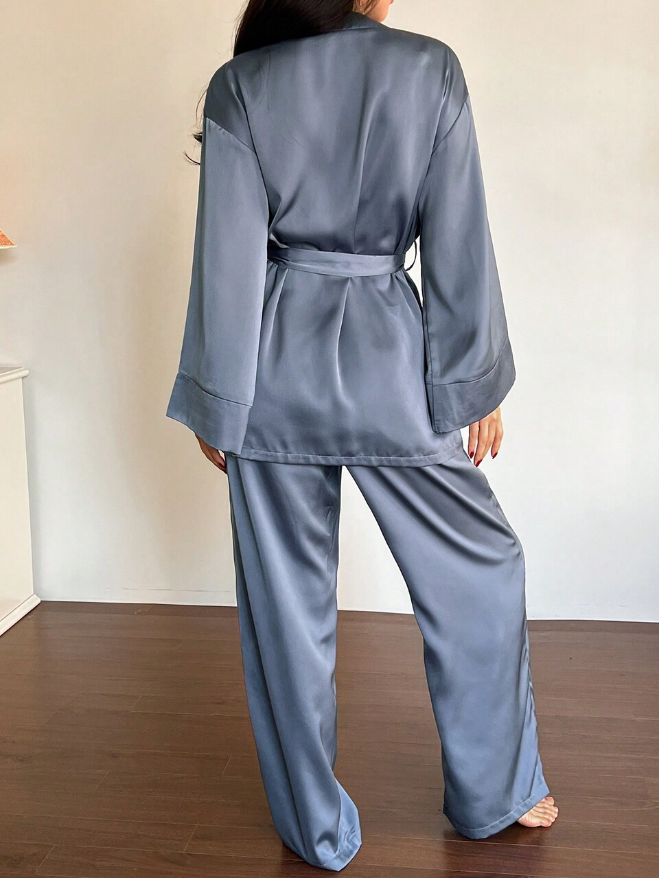 Lightweight Satin Belted Robe & Pants Sleepwear Pajama Set, Minimalist & Elegant, Spring/Summer, Fall Winter Clothes Pajama