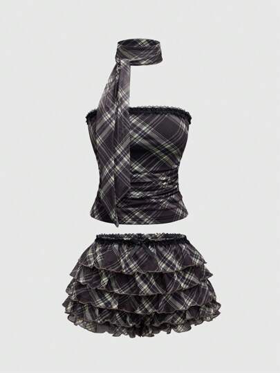 J-Fashion Ensemble de 2 pièces short gâteau à imprimé vintage Y2K pour femmes