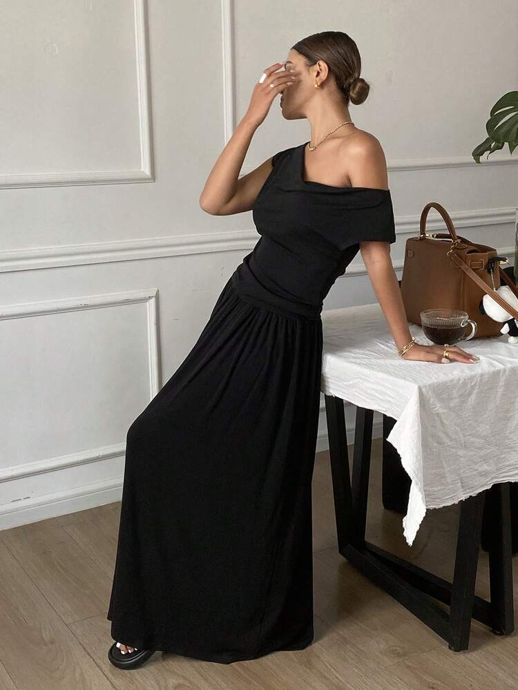 2pcs/Set Women Solid Color Cold Shoulder Short Sleeve T-Shirt & Skirt Set, Spring & Summer Vacation