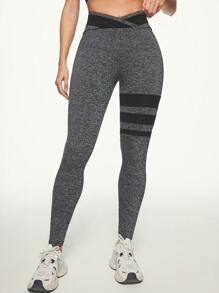 Easithlete Women's Asymmetric Waistband Contrast Color Elastic Sports Leggings - Multicolor - View 5