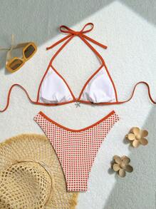 Women's Red And White Plaid Special Fabric Drawstring Neck 2 Pieces Set Summer - Multicolor - View 7