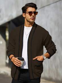 Manfinity Homme Chaqueta de punto con manga larga de color liso y parches para hombre, ropa casual minimalista