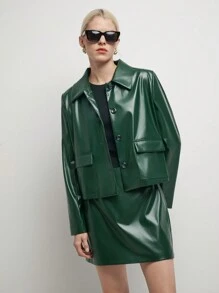 BizChic 2pcs Green Leather Jacket And Skirt Suit Set, For Christmas Date/Party - Green - View 10