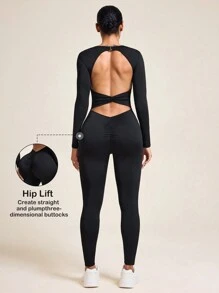 Slayform Solid Color Backless Fitted Seamless Sports Jumpsuit - Black - View 5