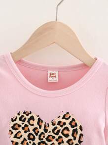 Cozy Pixies Young Girl Heart Pattern Round Neck Puff Long Sleeve Casual Pullover Top, Versatile - Pink - View 4