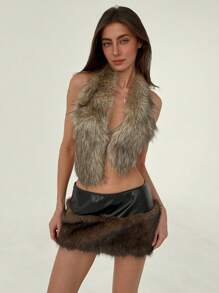 Aloruh Sexy Asymmetrical Hem Tie-Up Deep V Faux Fur Tank Top For Going Out - Khaki - View 5