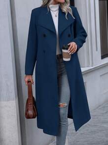Pariaura Solid Color Large Lapel Double-Breasted Overcoat Fall Winter Cloth For Women - Navy Blue - View 1