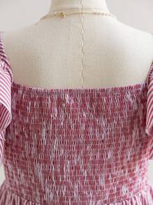 Soleia 大码女式甜心领蝴蝶结前褶饰盖袖收腰 A 字型上衣，休闲蓝白条纹“返校”衬衫 - 紅色 - 查看 5