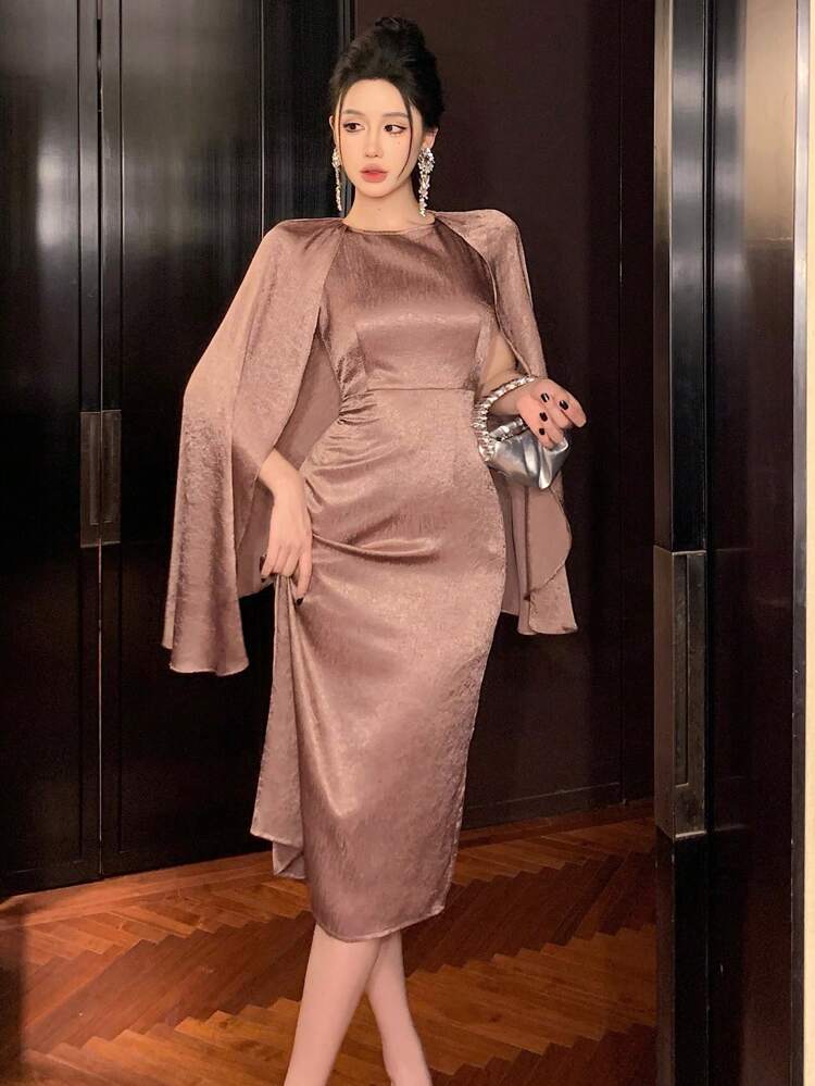 Solid Color Round Neck Ruffle Sleeve Women's Mid-Length Dress Prom Dress Elegant, Formal Women Dresses, Fall Dress Long Sleeve Dress