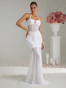 Lumalex Mùa xuân đi chơi kỳ nghỉ hè Bohemian BOHO Biển Bãi biển Nóng ngoài trời Nhiều lớp Mùa cưới Tiệc Lễ trưởng thành Bãi biển Bờ biển Đầm Maxi bó sát có viền xếp nếp buộc cổ cho nữ - trắng - Xem 5