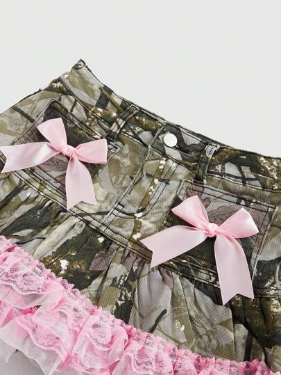 J-Fashion Women's Y2K Camouflage Vintage Low Waist Sexy Lace Patchwork Ruffle Hem Super Short Mini Denim Skirt