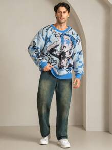 Manfinity EMRG Plus Size Men's Round Neck Long Sleeve Graphic Detail Casual Pullover Sweater