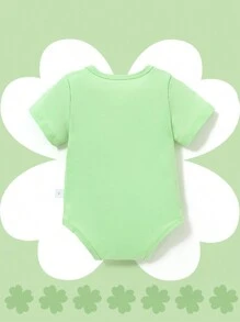 SHEIN Baby Girl Green Summer Casual Holiday Bodysuit,Cute Clover Print Crew Neck Short Sleeve Soft Knit Romper For St. Patrick's Day,Daily Wear,Festivals - Green - View 2