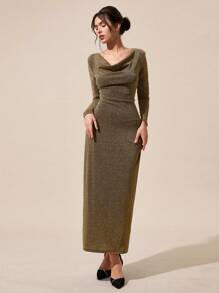 RueChic Glamorous Shinny Gold Lurex Cowl Neck Long-Sleeve Maxi Dress