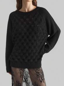 Ontre Damen Schwarzer Floral Jacquard Pullover mit offenen Schultern und Crew-Ausschnitt, Langarm, Mode vielseitig mit Stickerei, Frühjahrskollektion 2025 - Schwarz - Übersicht 5