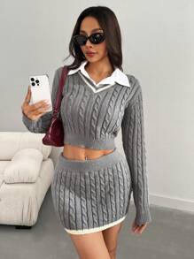 SHEIN EZwear Set de 2 piezas de suéter texturizado corto con cuello en V de color contrastante + Mini falda suéter de color contrastante a la altura de la cintura para mujeres, primavera/otoño