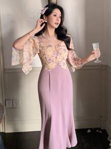 DAZY Middle & Long Ruched Square Collar Fish Tail Hem Patchwork Dress For Women, Suitable For Dates And Nights Out,Fall Dress Long Sleeve Dress Floral - Purple - View 6