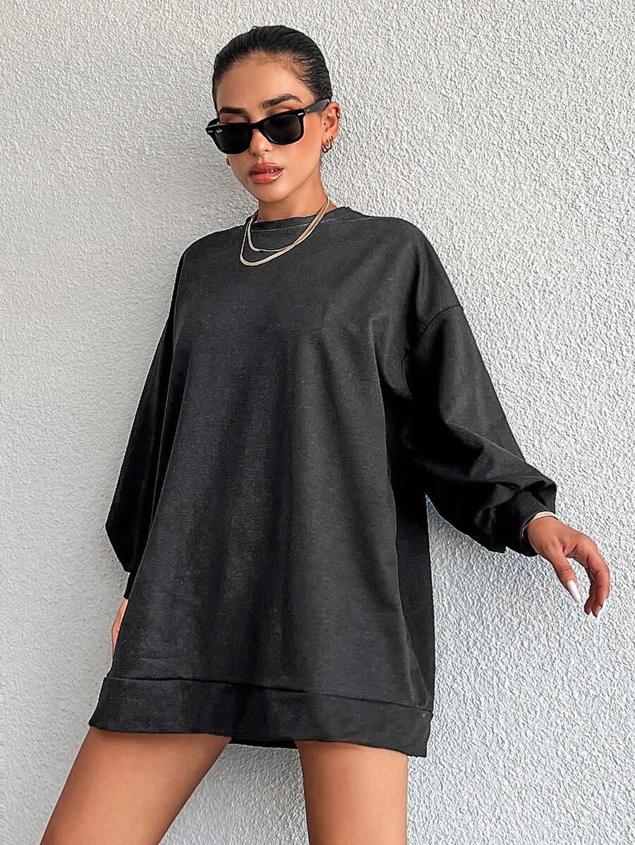 Cloudara 100%Cotton Solid Drop Shoulder Sweatshirt Dress - Dark Grey - View 1